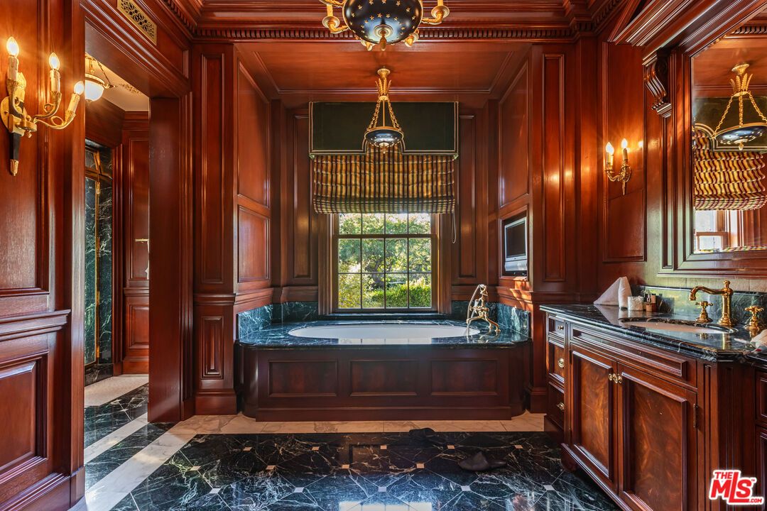 Bathroom, Interior, Marble, Pendant Lights, Wooden Walls