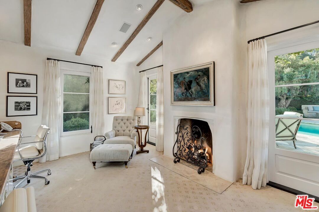 Fireplace, Home Office, Interior, Recessed Lighting, Wooden Beams