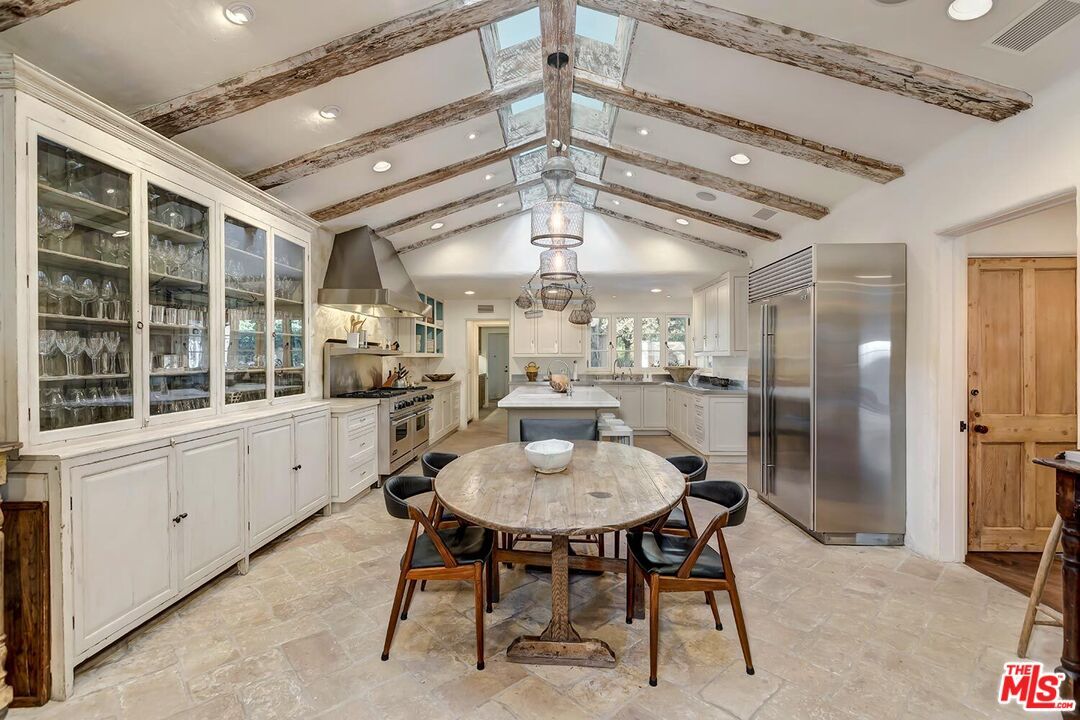 Dining room, Interior, Kitchen, Pendant Lights, Recessed Lighting, Stainless Steel Appliances, Wooden Beams