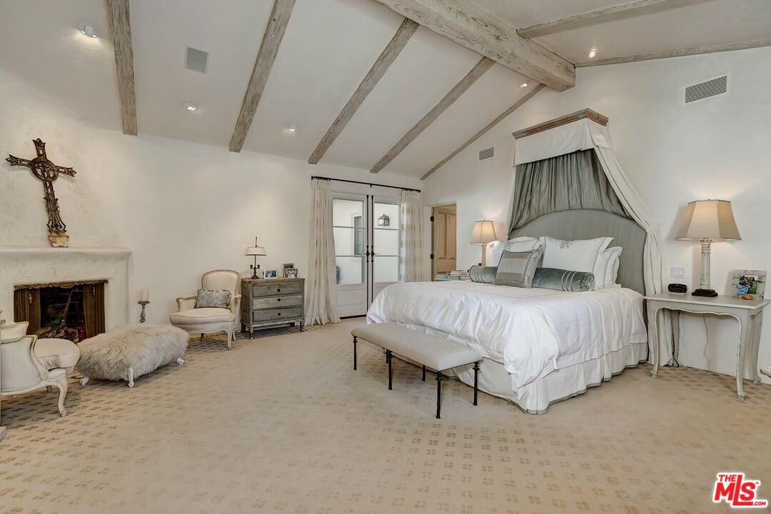Bedroom, Fireplace, Interior, Recessed Lighting, Wooden Beams