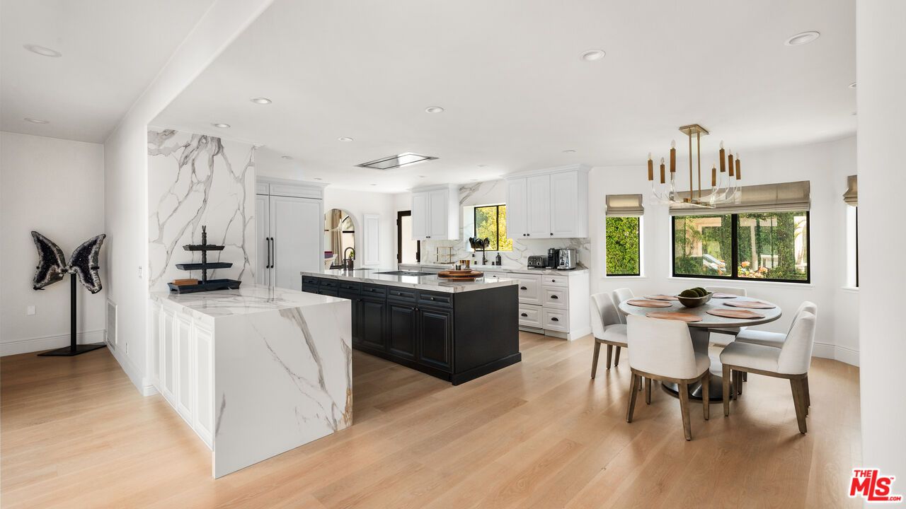 Dining room, Interior, Kitchen, Marble Walls, Pendant Lights, Recessed Lighting, Wood Texture Flooring