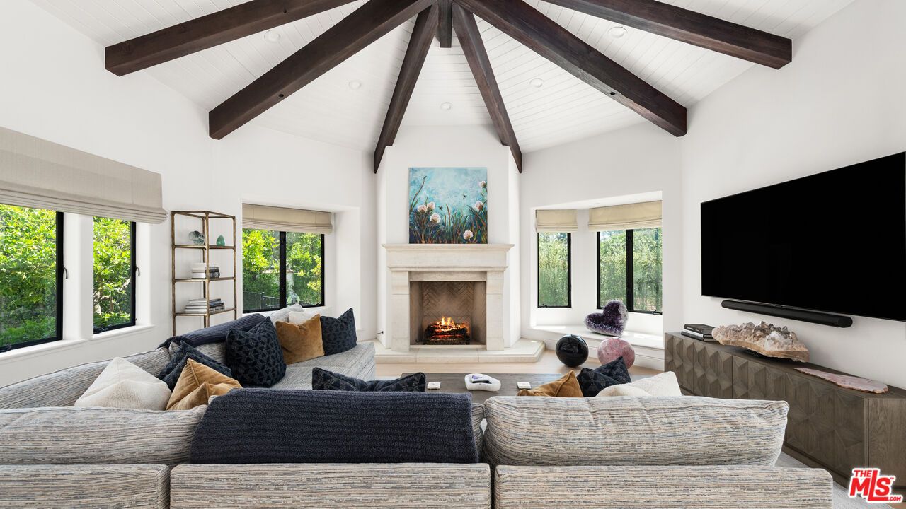 Fireplace, Interior, Living room, Recessed Lighting, Wooden Beams