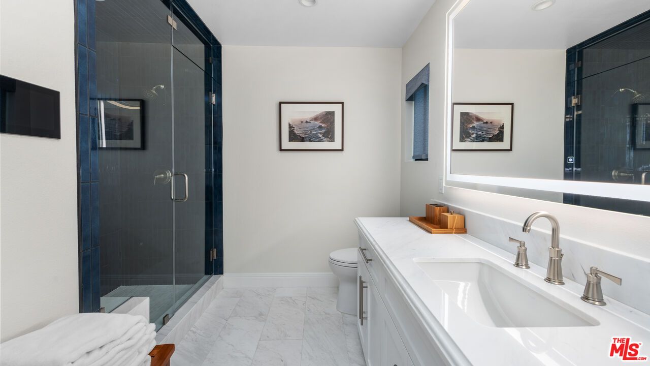 Bathroom, Dual Sink Vanities, Glass Shower, Interior, Marble, Recessed Lighting