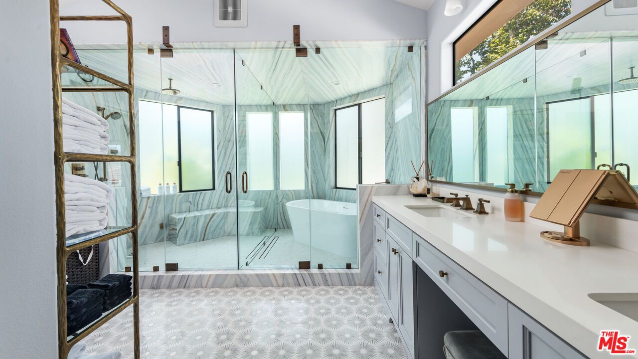 Bathroom, Dual Sink Vanities, Glass Shower, Interior, Marble Walls