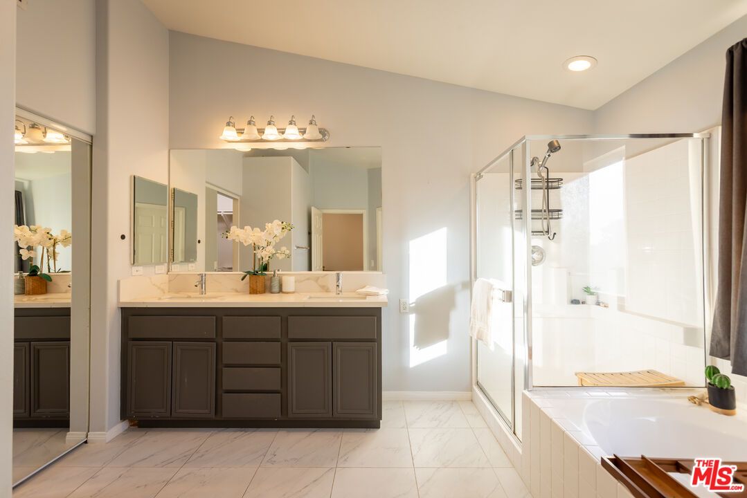 Bathroom, Dual Sink Vanities, Glass Shower, Interior, Marble, Recessed Lighting
