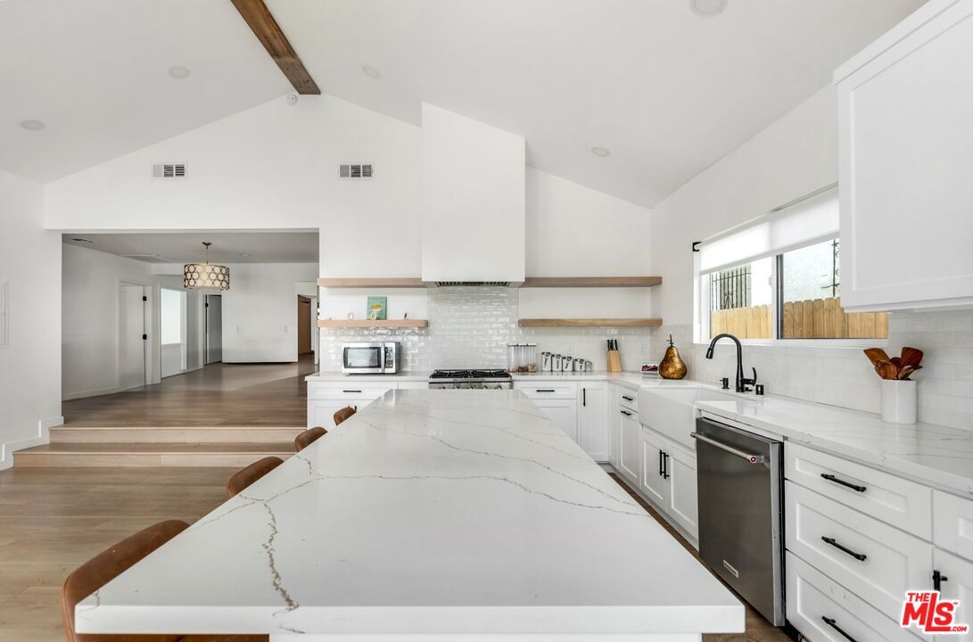 Chandelier, Interior, Kitchen, Recessed Lighting, Stainless Steel Appliances, Wooden Beams, Wood Texture Flooring