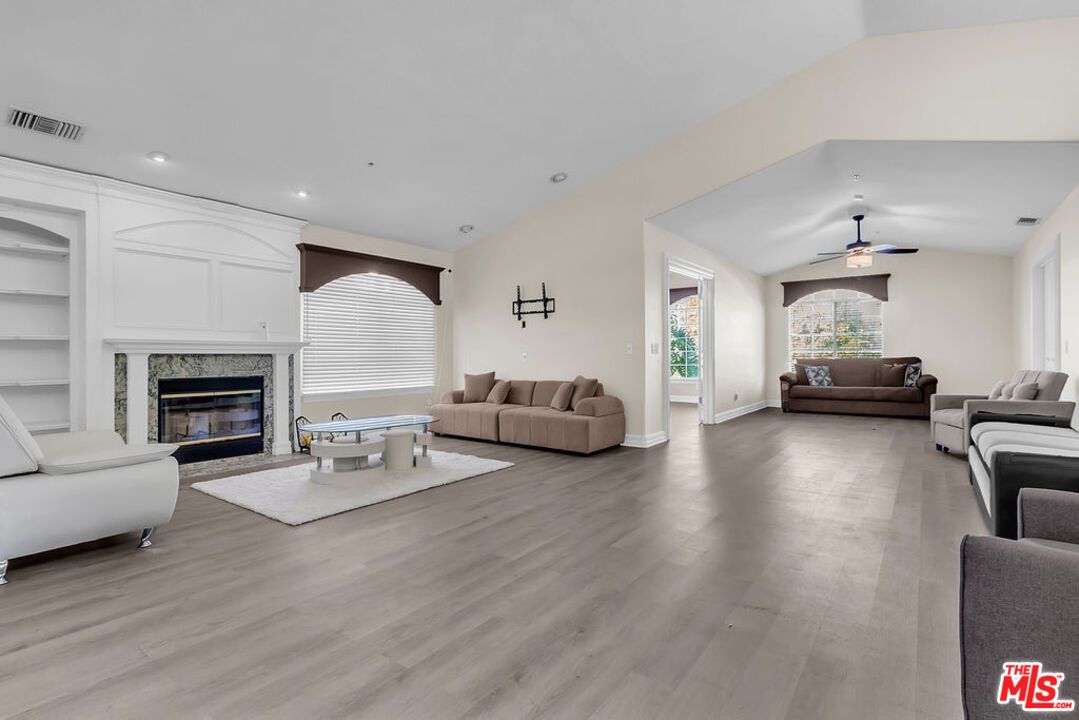 Fireplace, Interior, Living room, Recessed Lighting, Wood Texture Flooring