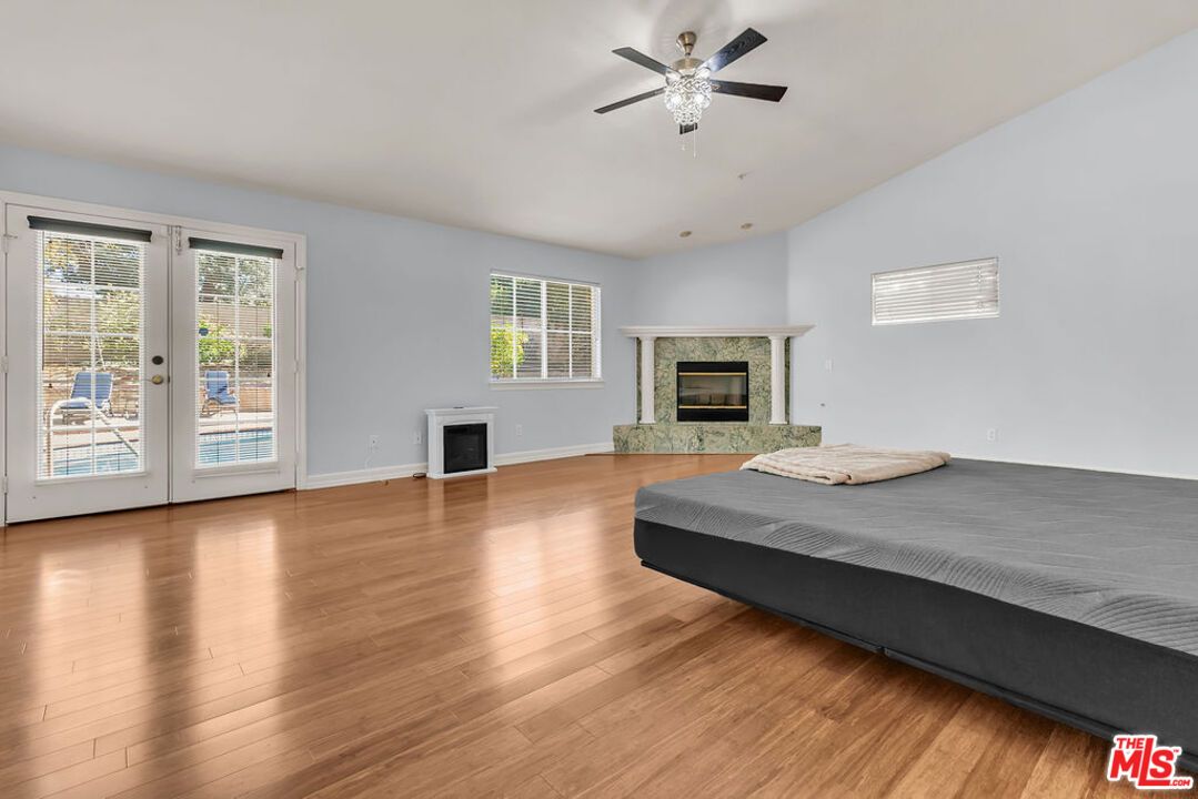 Bedroom, Fireplace, Interior, Wood Texture Flooring
