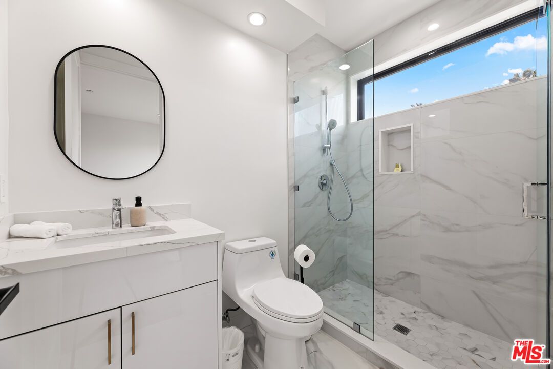 Bathroom, Glass Shower, Interior, Marble, Marble Walls, Recessed Lighting