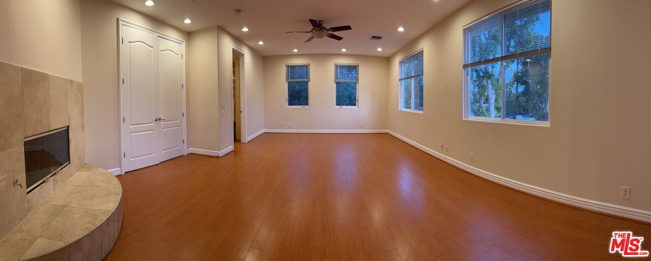 Empty room, Fireplace, Interior, Recessed Lighting, Wood Texture Flooring