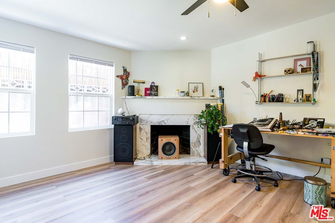 Fireplace, Home Office, Interior, Recessed Lighting, Wood Texture Flooring