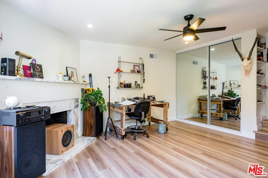 Fireplace, Home Office, Interior, Recessed Lighting, Wood Texture Flooring