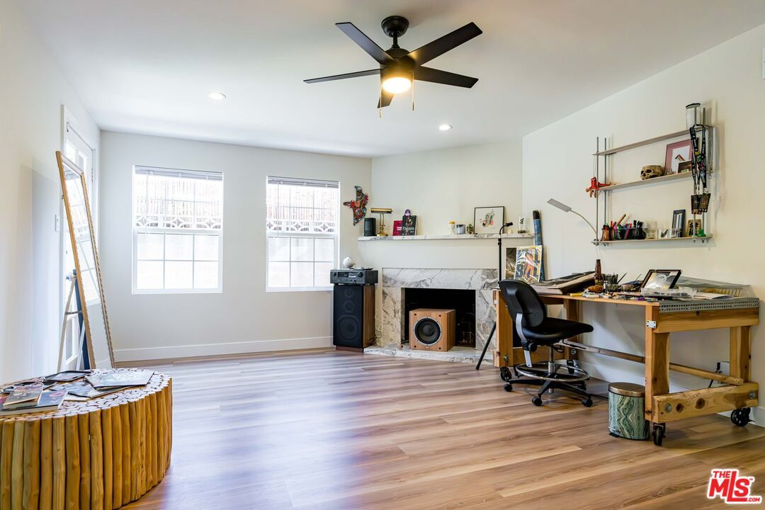 Fireplace, Home Office, Interior, Recessed Lighting, Wood Texture Flooring