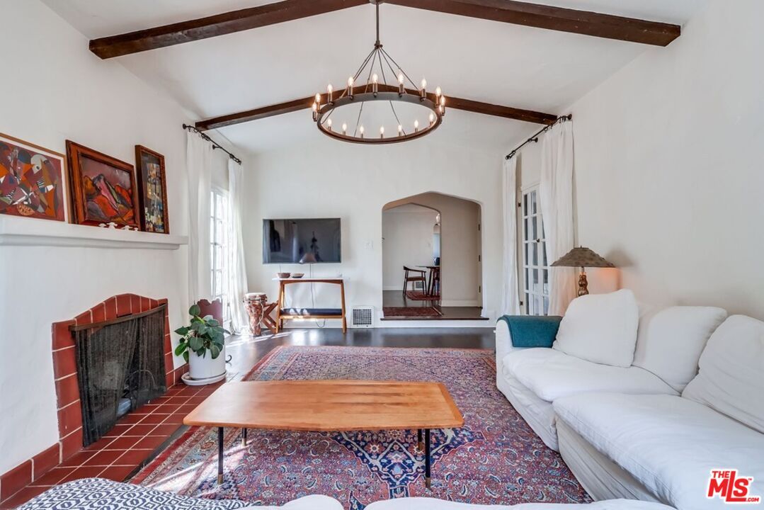 Fireplace, Interior, Living room, Pendant Lights, Wooden Beams
