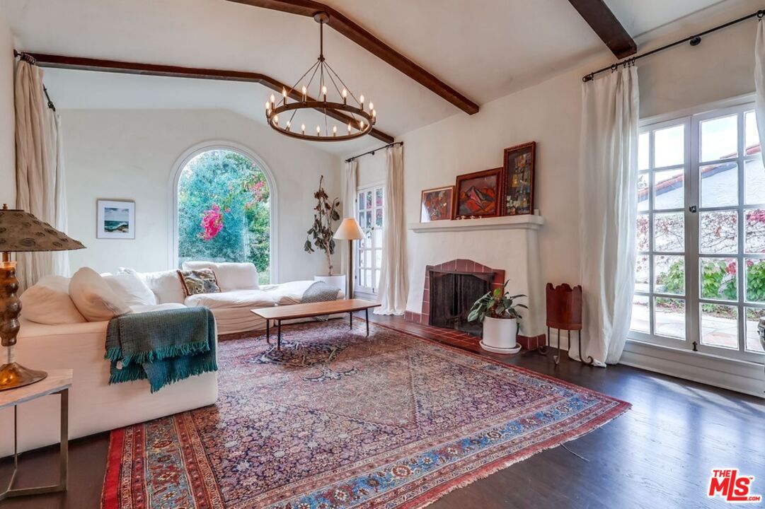 Chandelier, Fireplace, Interior, Living room, Pendant Lights, Wooden Beams, Wood Texture Flooring