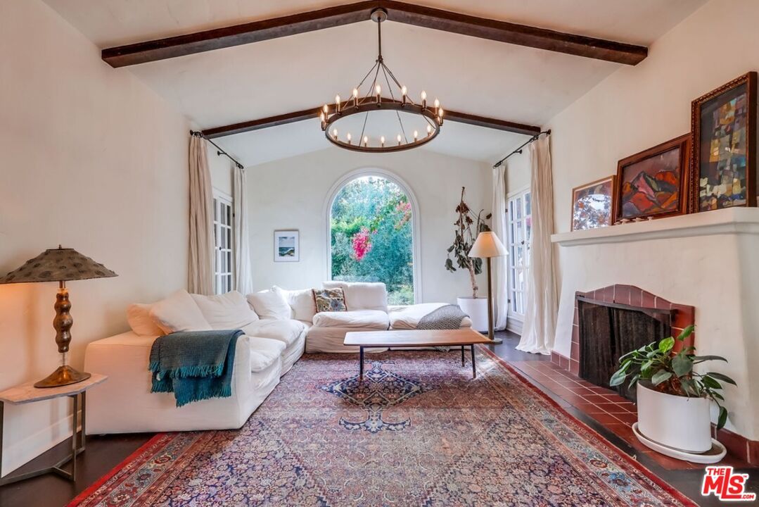 Fireplace, Interior, Living room, Pendant Lights, Wooden Beams