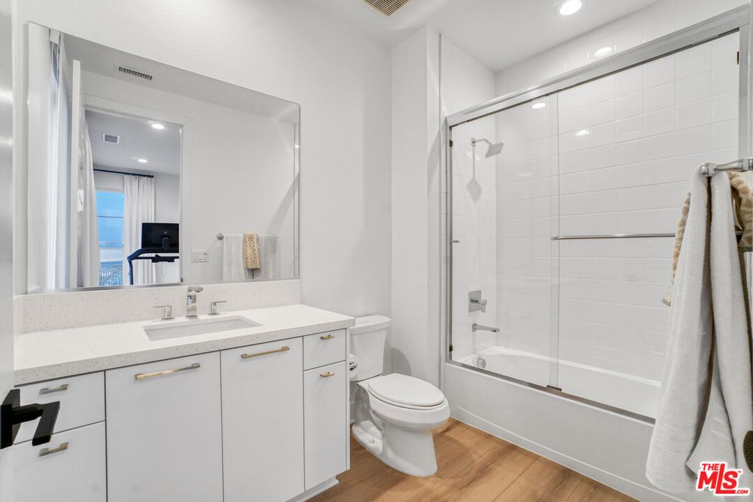 Bathroom, Glass Shower, Interior, Recessed Lighting, Wood Texture Flooring