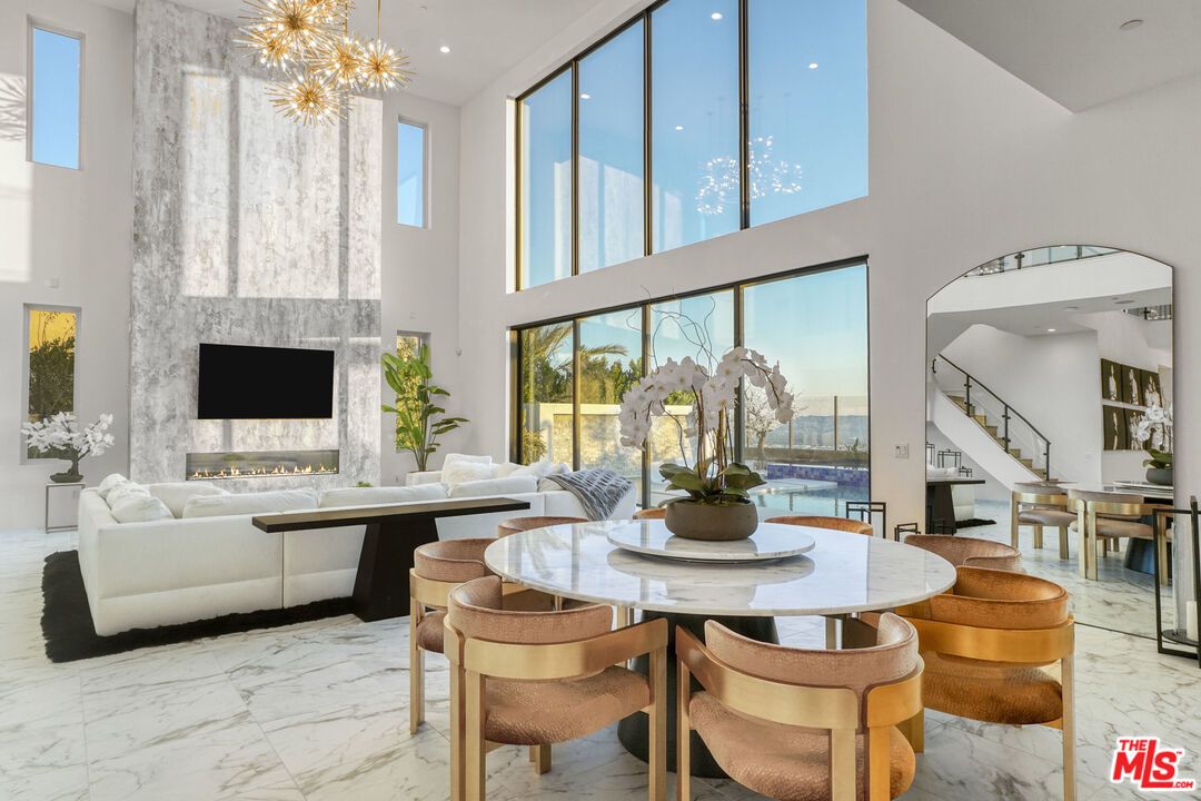 Dining room, Fireplace, Interior, Living room, Marble, Pendant Lights