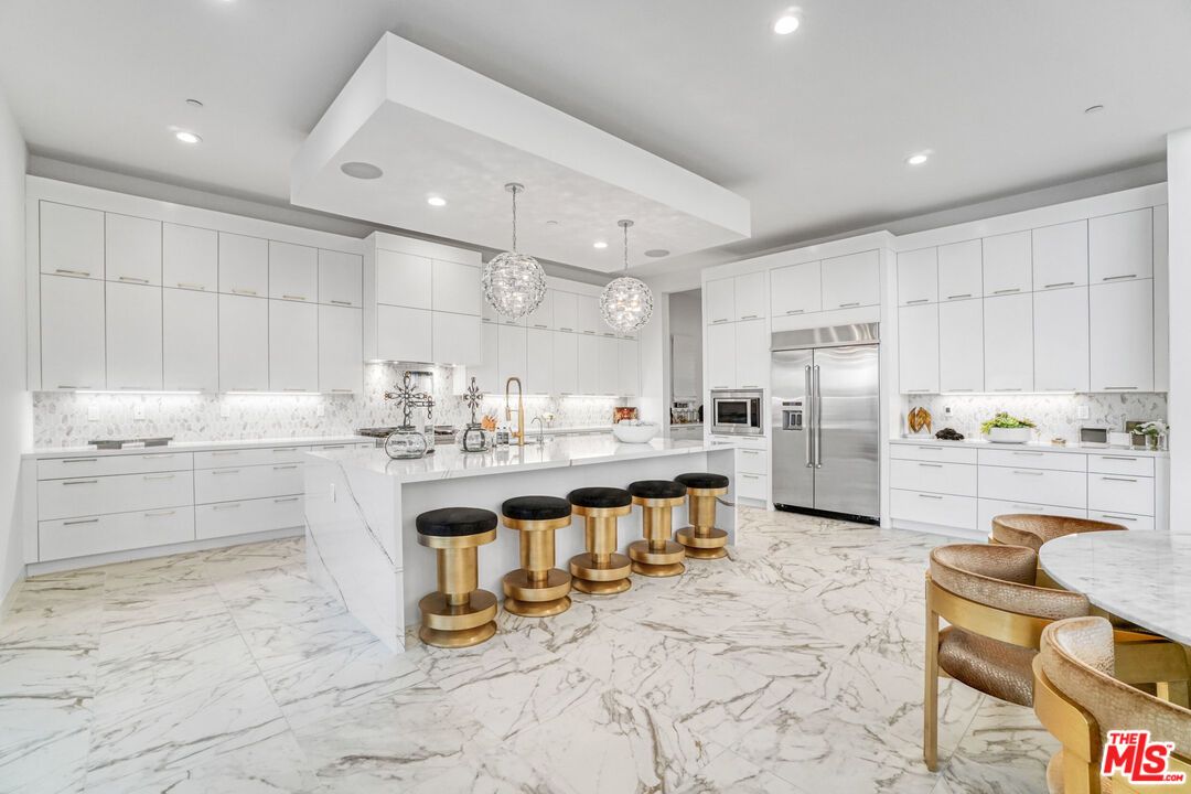 Interior, Kitchen, Marble, Pendant Lights, Recessed Lighting, Stainless Steel Appliances