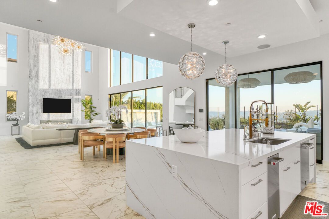 Dining room, Fireplace, Interior, Kitchen, Living room, Marble, Pendant Lights, Recessed Lighting