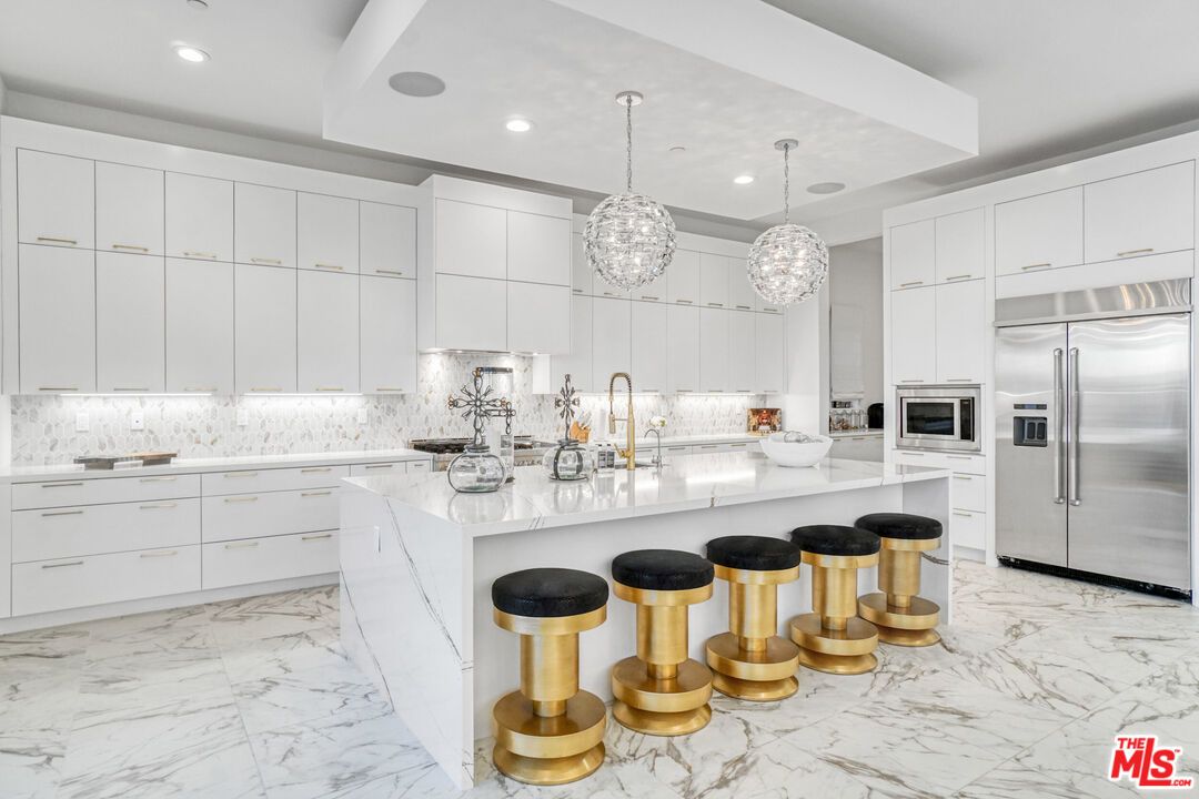 Interior, Kitchen, Marble, Pendant Lights, Recessed Lighting, Stainless Steel Appliances