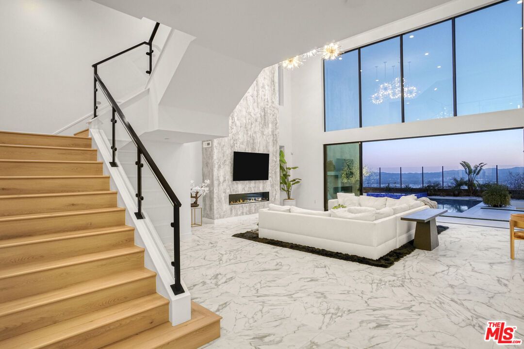 Fireplace, Interior, Living room, Marble, Pendant Lights, Water