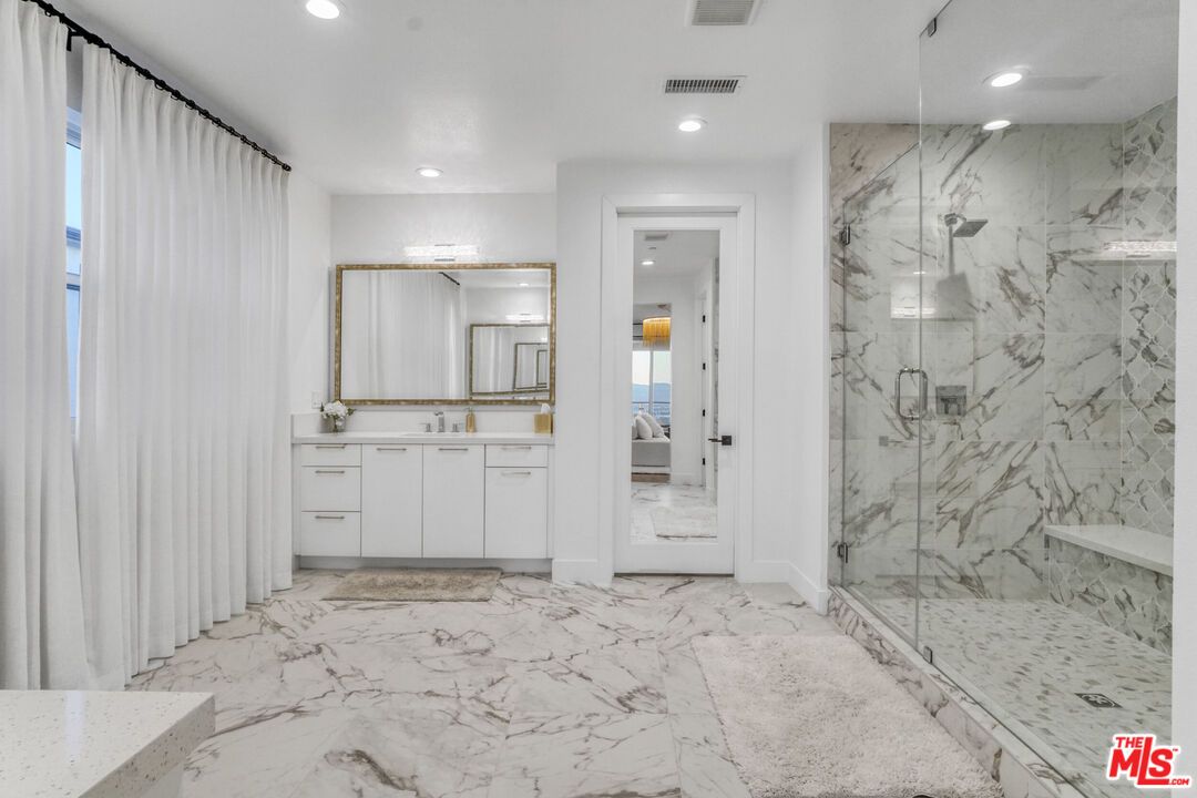 Bathroom, Glass Shower, Interior, Marble, Marble Walls, Recessed Lighting