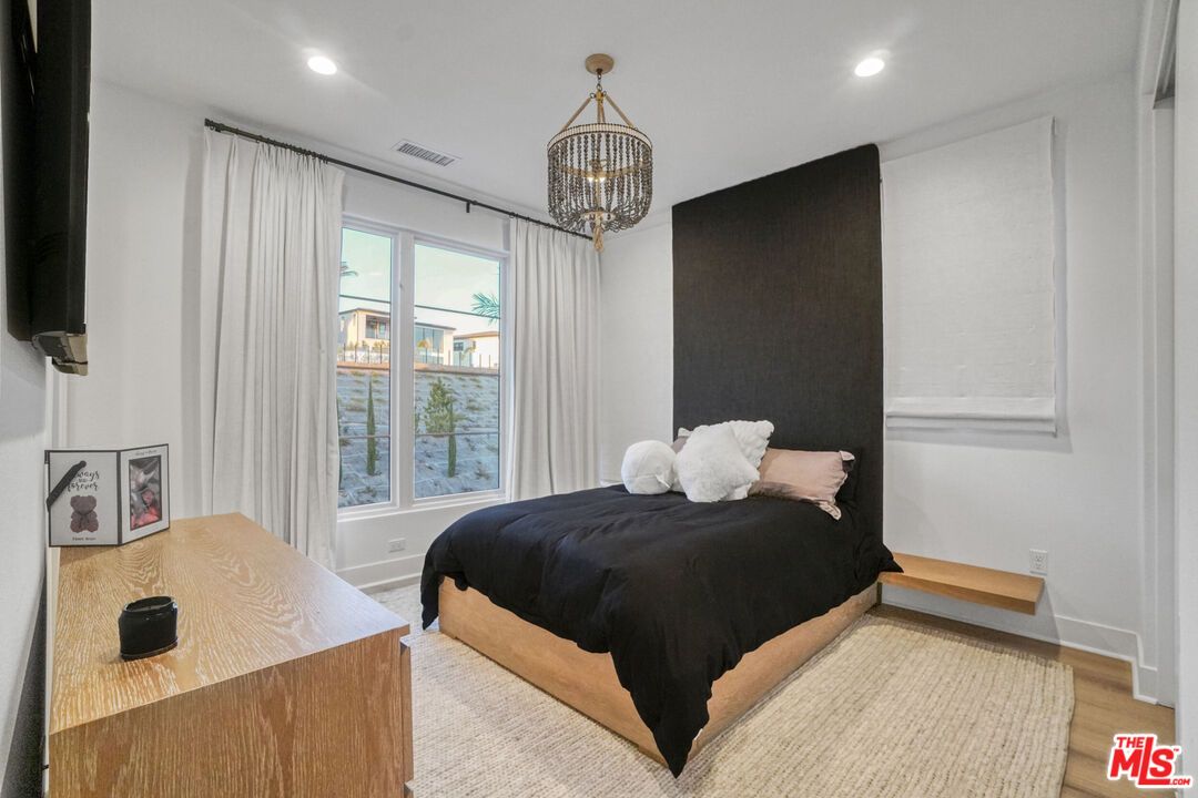 Bedroom, Chandelier, Interior, Recessed Lighting, Water, Wood Texture Flooring