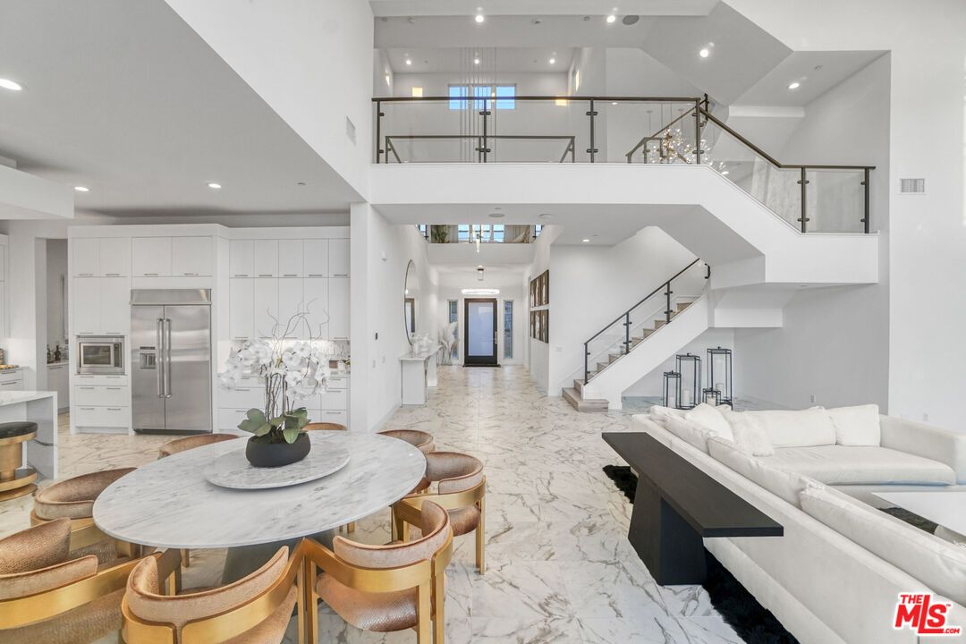 Dining room, Interior, Kitchen, Living room, Marble, Recessed Lighting, Stainless Steel Appliances