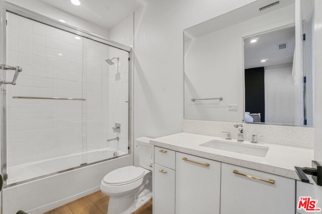 Bathroom, Glass Shower, Interior, Recessed Lighting, Wood Texture Flooring