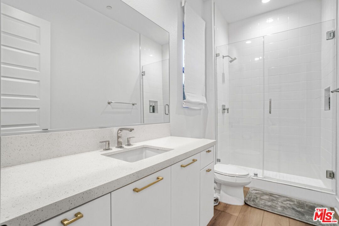 Bathroom, Glass Shower, Interior, Recessed Lighting, Wood Texture Flooring