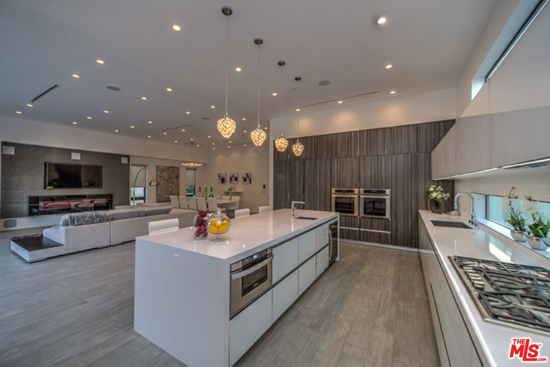 Dining room, Fireplace, Interior, Kitchen, Living room, Pendant Lights, Recessed Lighting, Stainless Steel Appliances, Wood Texture Flooring