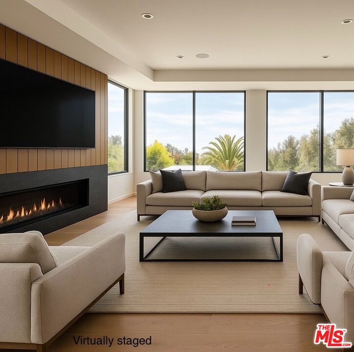 Fireplace, Interior, Living room, Recessed Lighting, Wood Texture Flooring