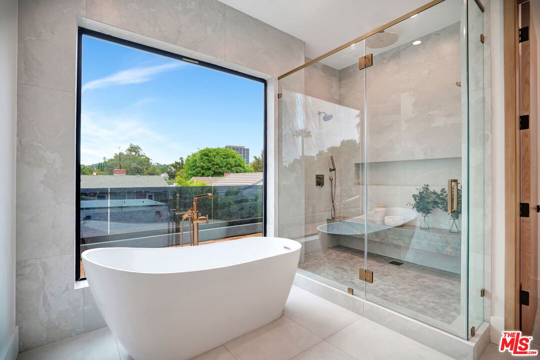 Bathroom, Free Standing Baths, Glass Shower, Interior, Marble Walls, Recessed Lighting