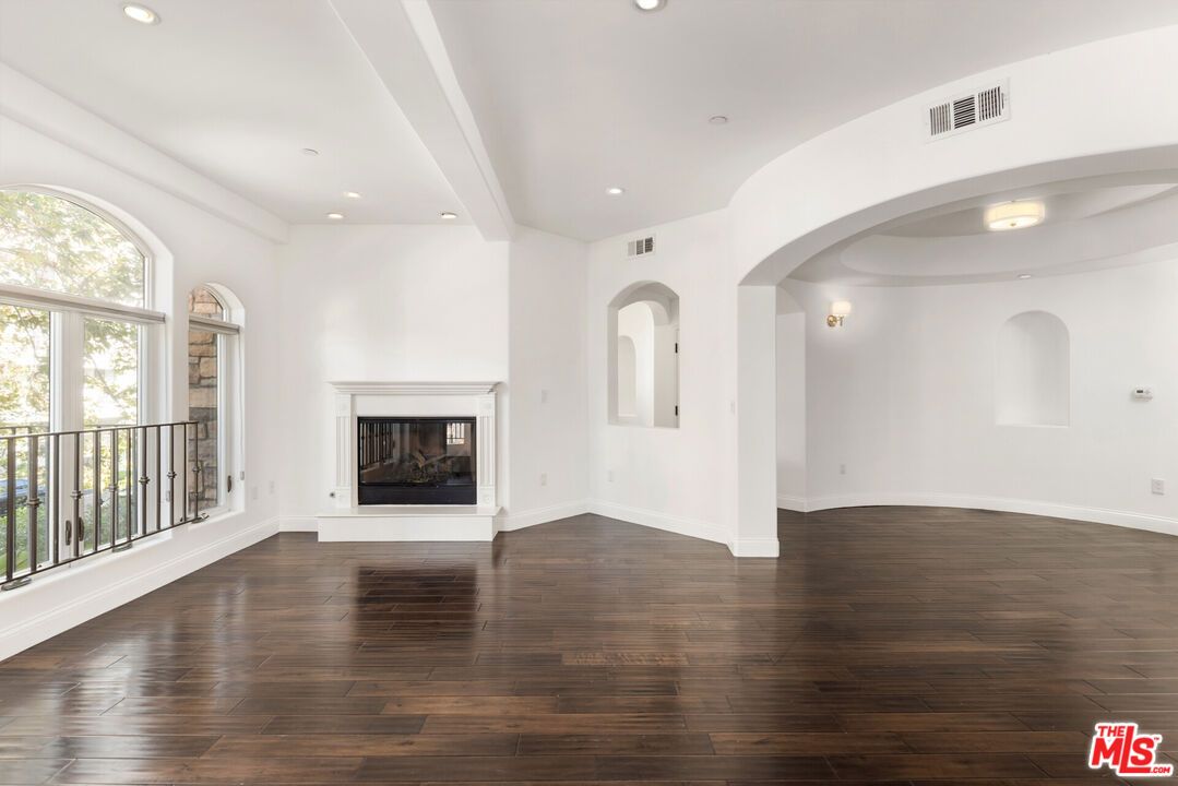 Empty room, Fireplace, Interior, Recessed Lighting, Wood Texture Flooring