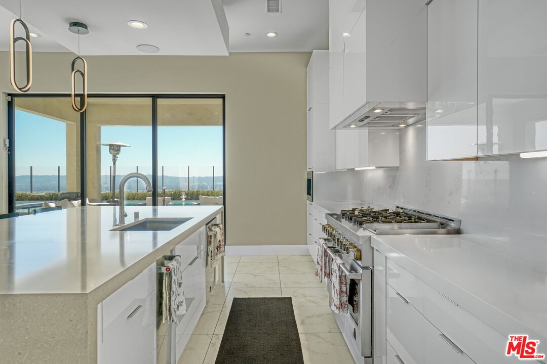 Interior, Kitchen, Marble, Pendant Lights, Recessed Lighting, Stainless Steel Appliances, Water