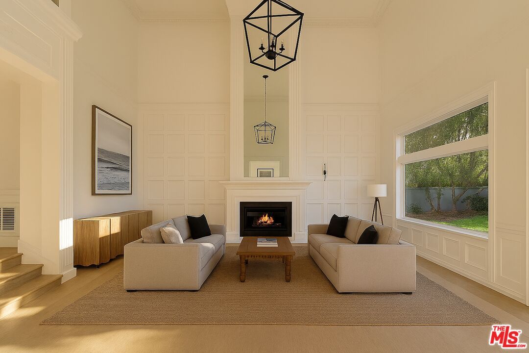 Fireplace, Interior, Living room, Pendant Lights, Wood Texture Flooring