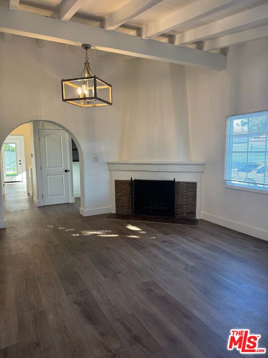 Empty room, Fireplace, Interior, Pendant Lights, Wood Texture Flooring
