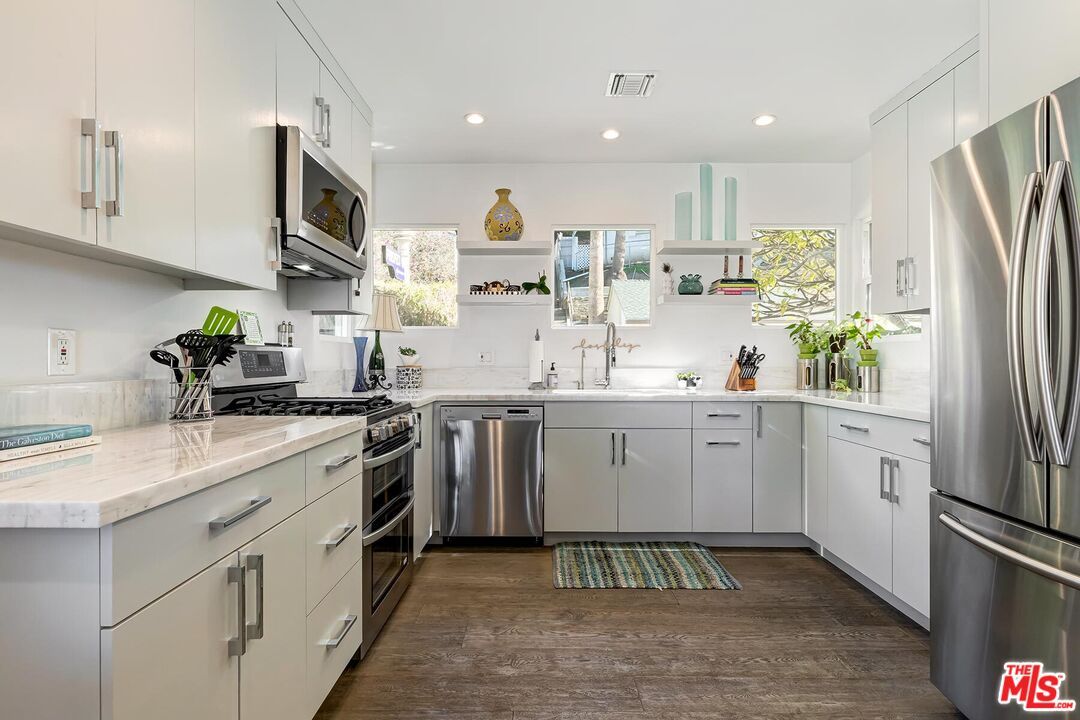 Interior, Kitchen, Recessed Lighting, Stainless Steel Appliances, Wood Texture Flooring