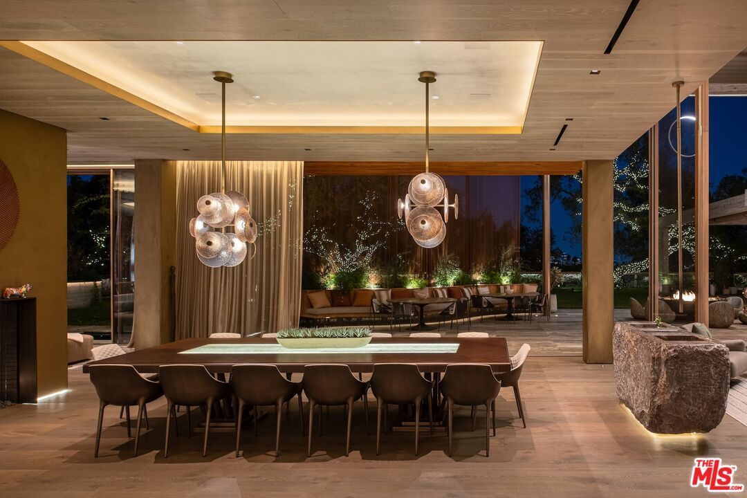 Dining room, Interior, Pendant Lights, Wood Texture Flooring
