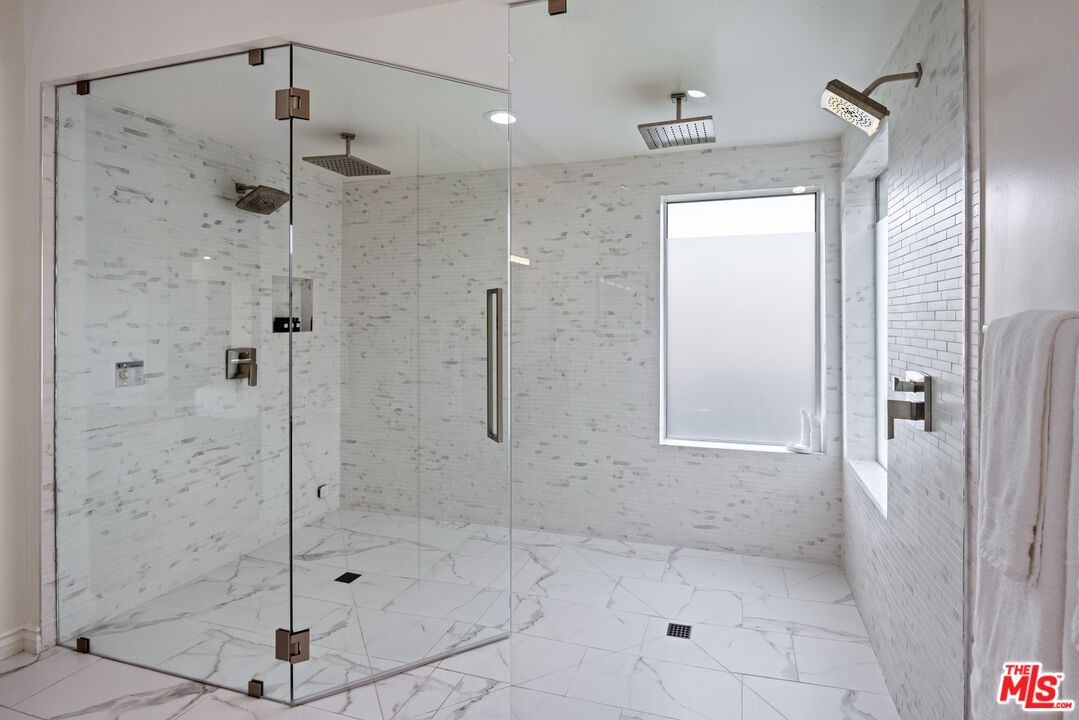 Bathroom, Glass Shower, Interior, Marble, Marble Walls, Recessed Lighting