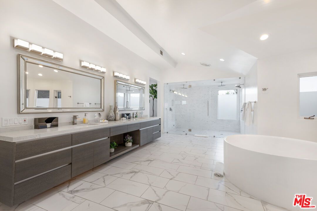 Bathroom, Dual Sink Vanities, Free Standing Baths, Glass Shower, Interior, Marble, Marble Walls, Recessed Lighting