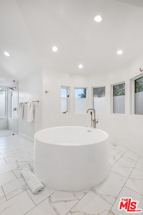 Bathroom, Free Standing Baths, Glass Shower, Interior, Marble, Recessed Lighting