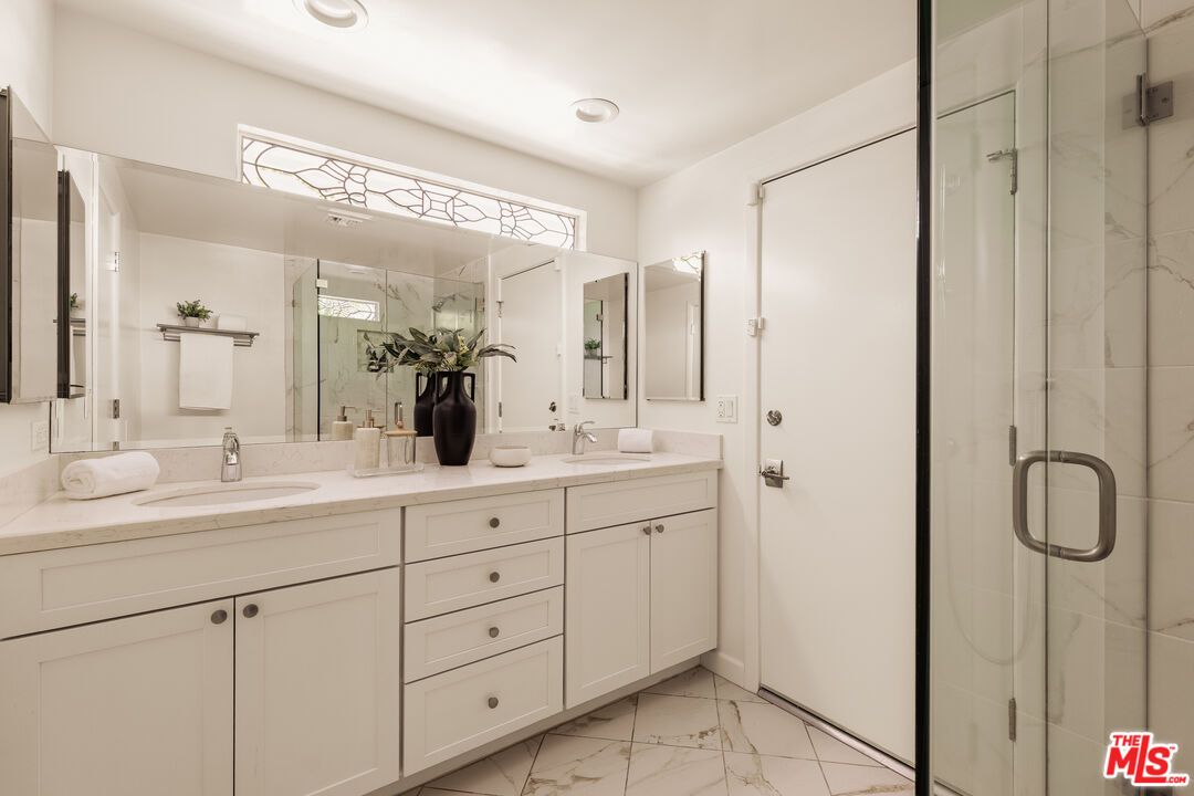 Bathroom, Dual Sink Vanities, Glass Shower, Interior, Marble, Marble Walls, Recessed Lighting