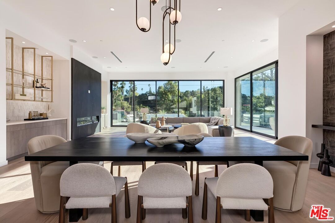 Dining room, Interior, Pendant Lights, Recessed Lighting, Wood Texture Flooring