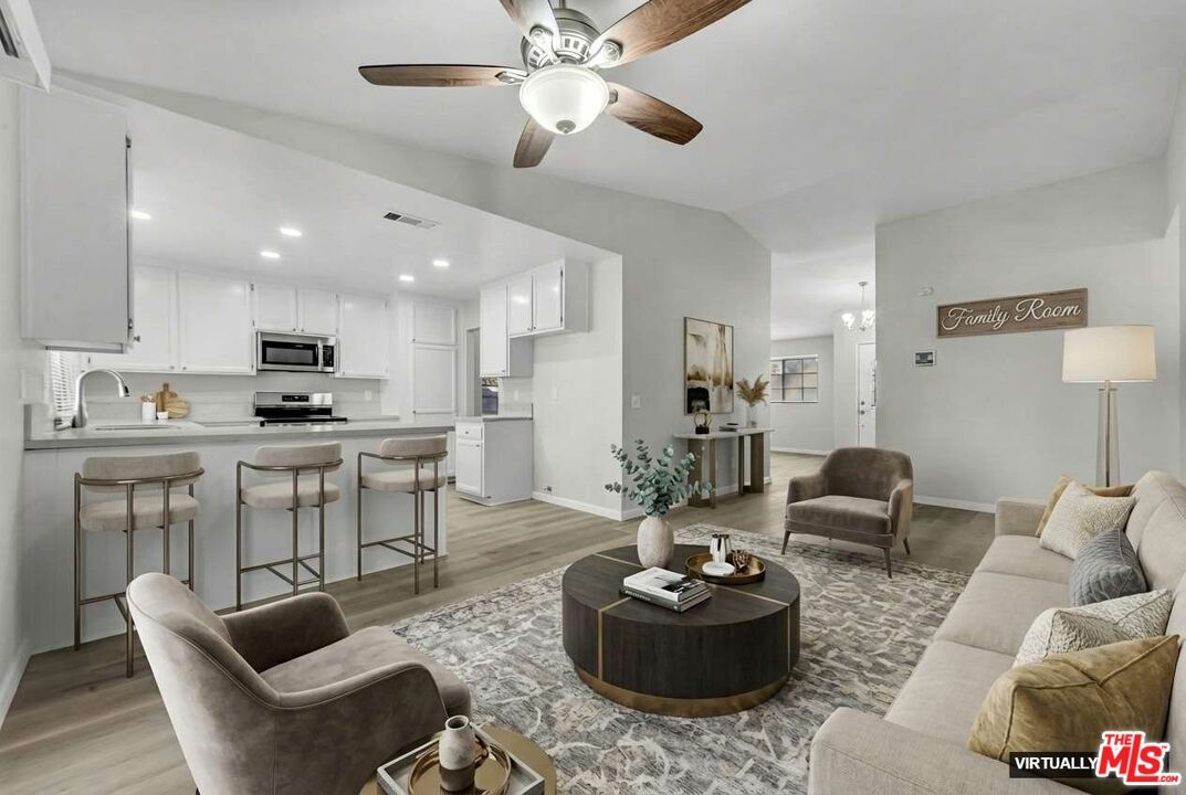 Interior, Kitchen, Living room, Recessed Lighting, Stainless Steel Appliances, Wood Texture Flooring