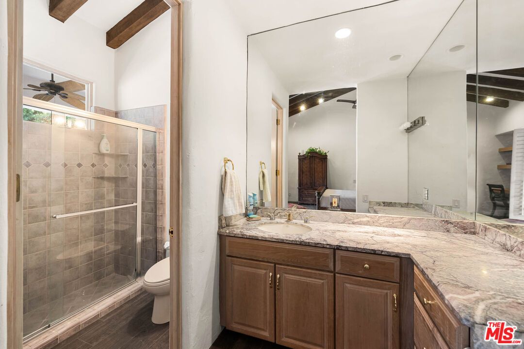 Bathroom, Dual Sink Vanities, Glass Shower, Interior, Recessed Lighting, Wooden Beams