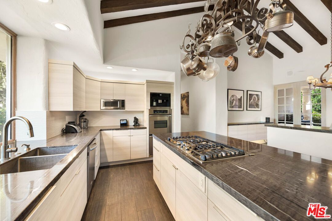 Chandelier, Interior, Kitchen, Recessed Lighting, Stainless Steel Appliances, Wooden Beams, Wood Texture Flooring