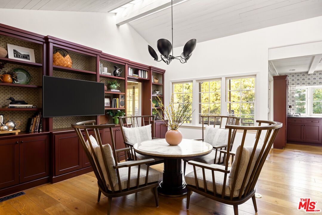 Dining room, Interior, Pendant Lights, Wood Texture Flooring