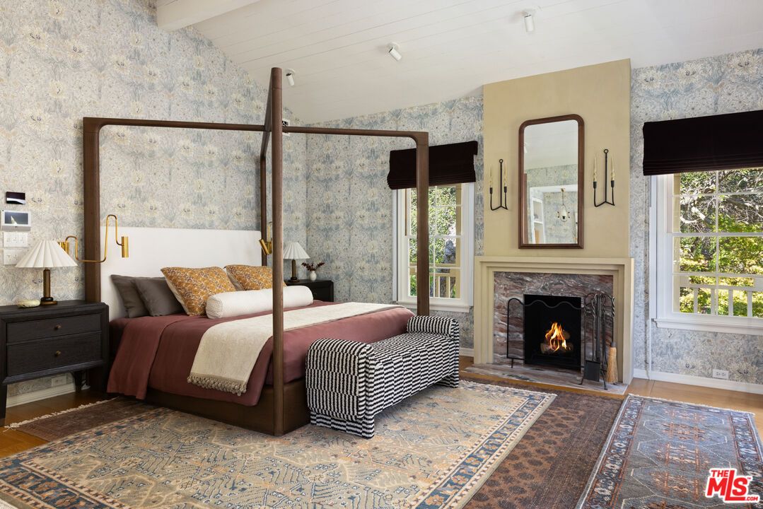 Bedroom, Fireplace, Interior, Wood Texture Flooring